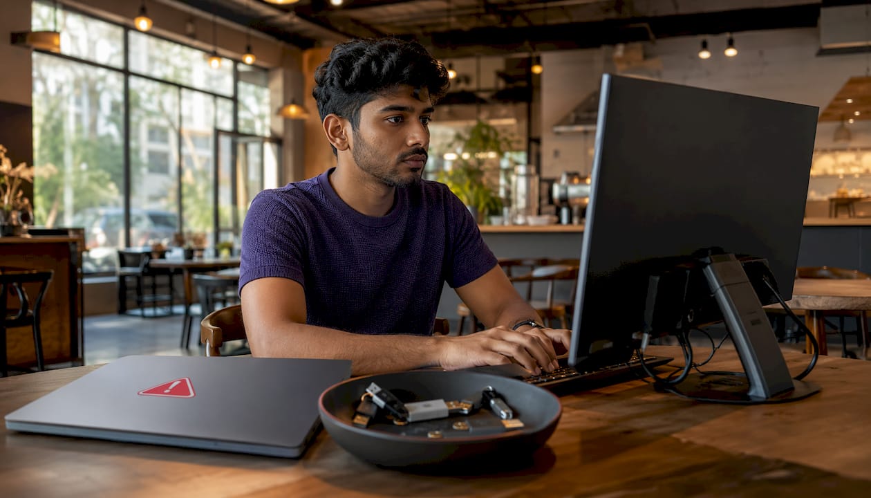 Hands on PC surrounded by cybersecurity tools