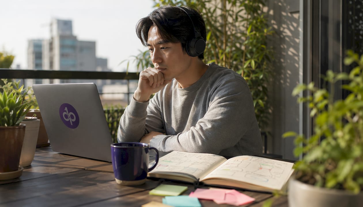 Young man coding ML workflow in home office