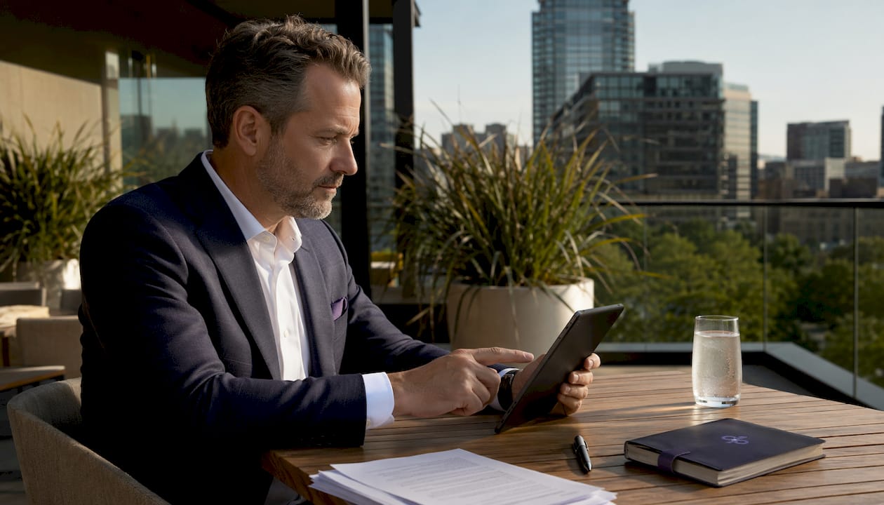 Man reviewing contracts using tablet in boardroom