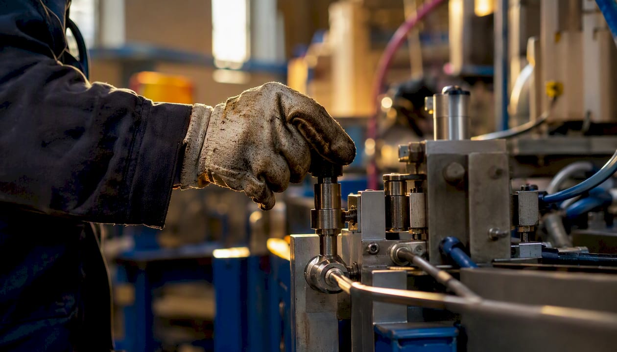 Operator hand adjusting factory machine control valve