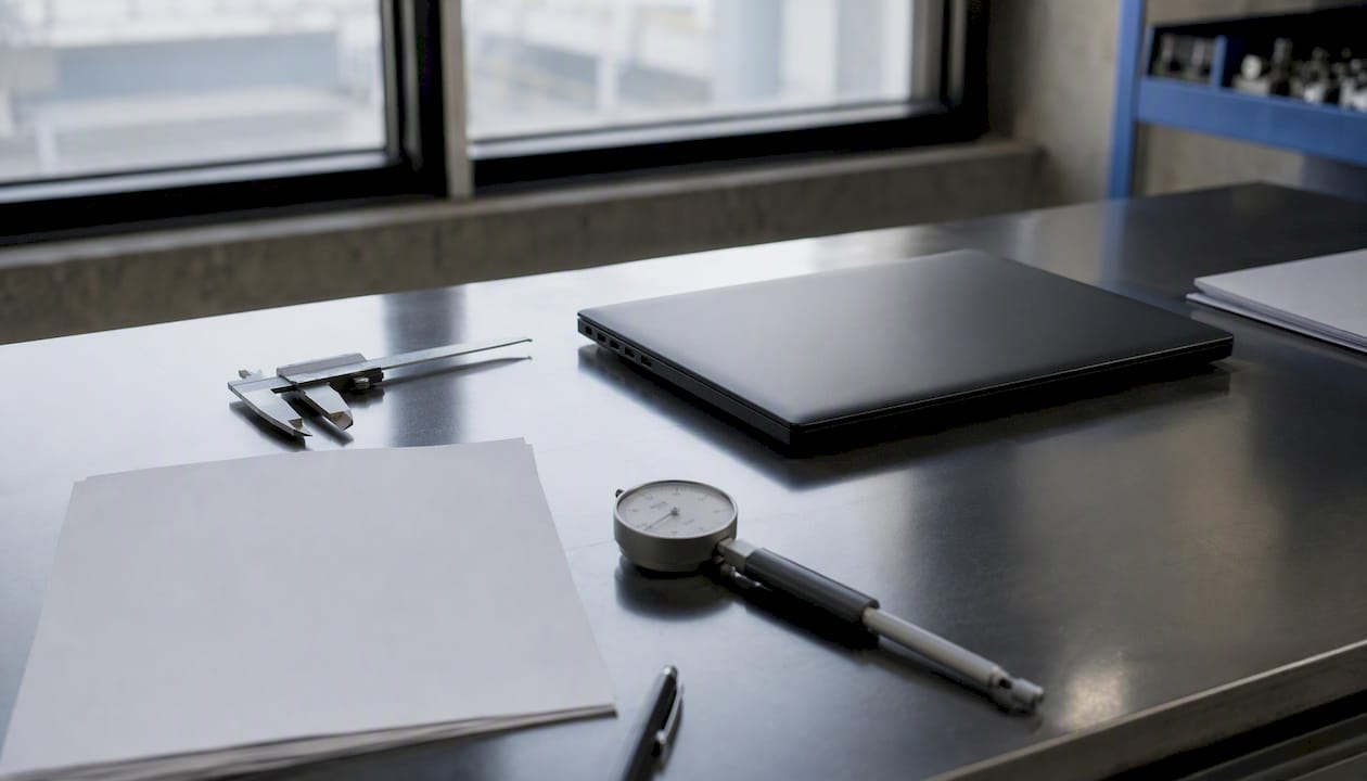 Industrial desk with measurement tools and documents