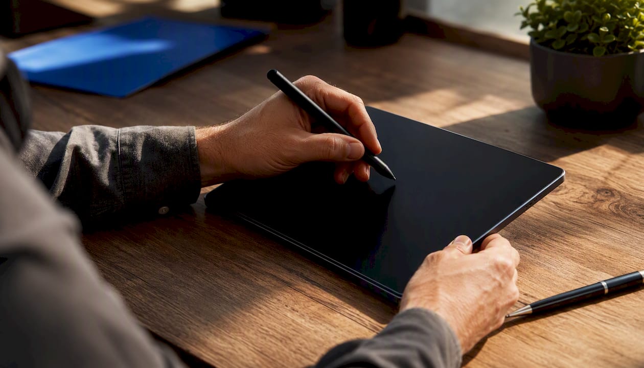 Hands holding stylus over blank tablet