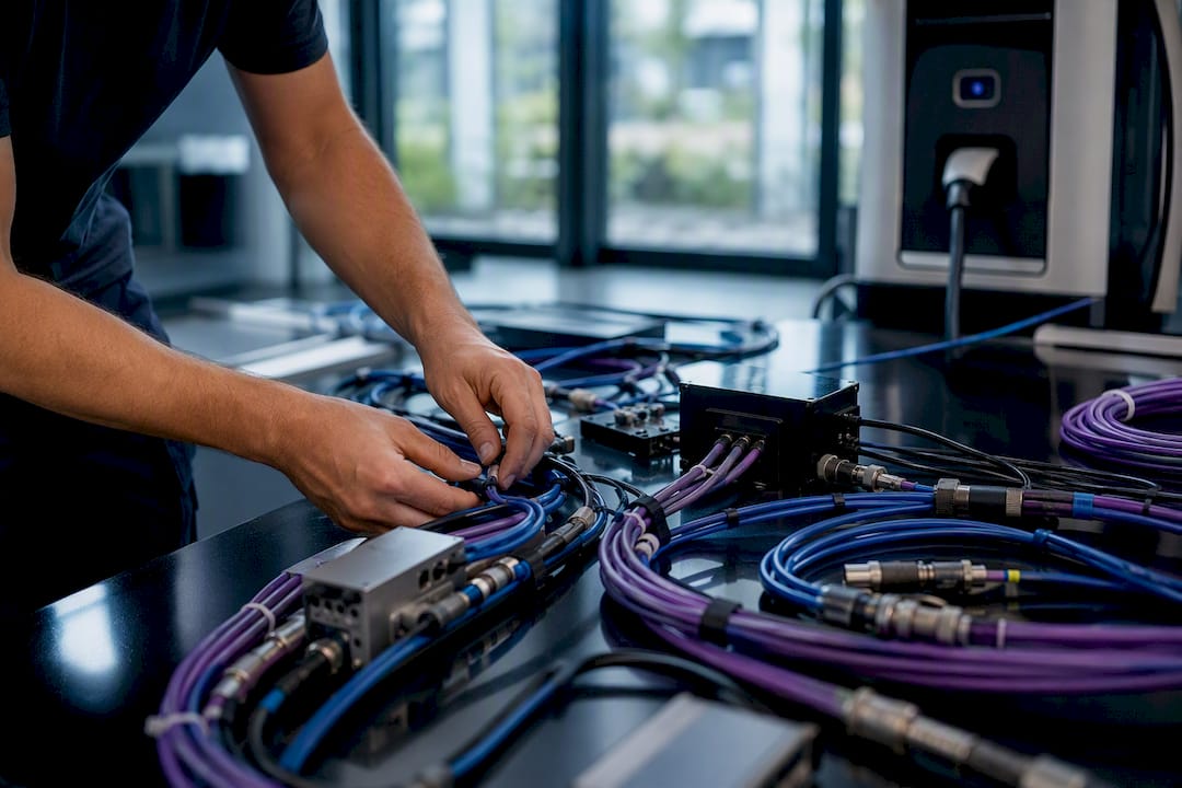 Hands connecting automation cables