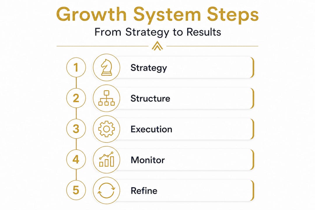 Infographic showing steps for business management system