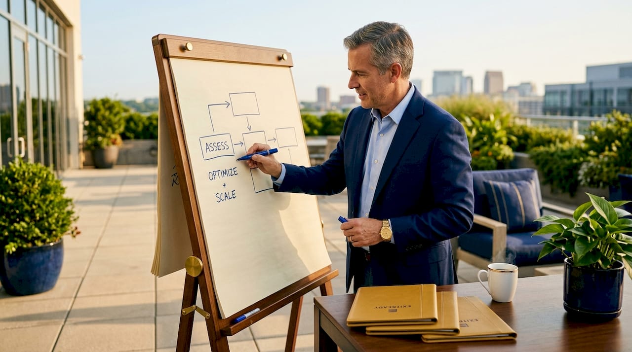 Manager updating business process on whiteboard