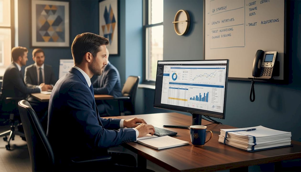 Analyst reviewing reports in firm office