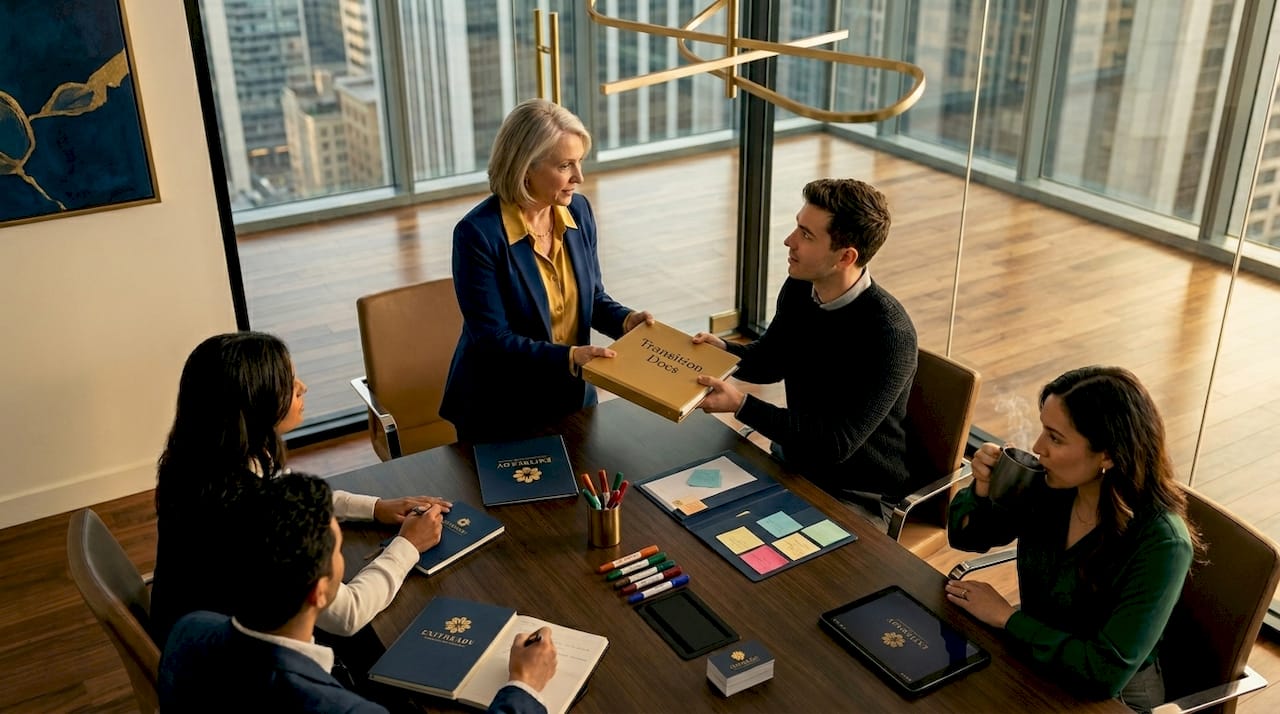 Team member passing transition binder in meeting