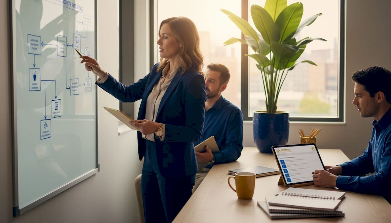 Team updates workflow on whiteboard in office
