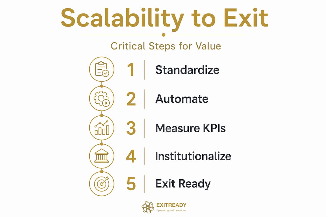 Vertical flow infographic showing steps to exit readiness