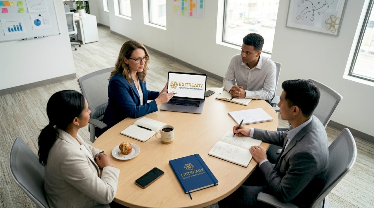 Manager leading delegation meeting with team
