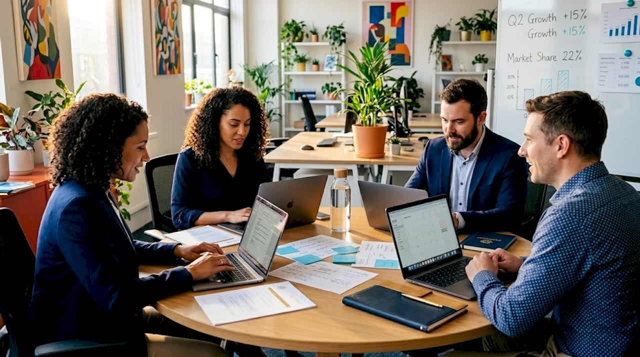 Managers updating meeting notes in workspace