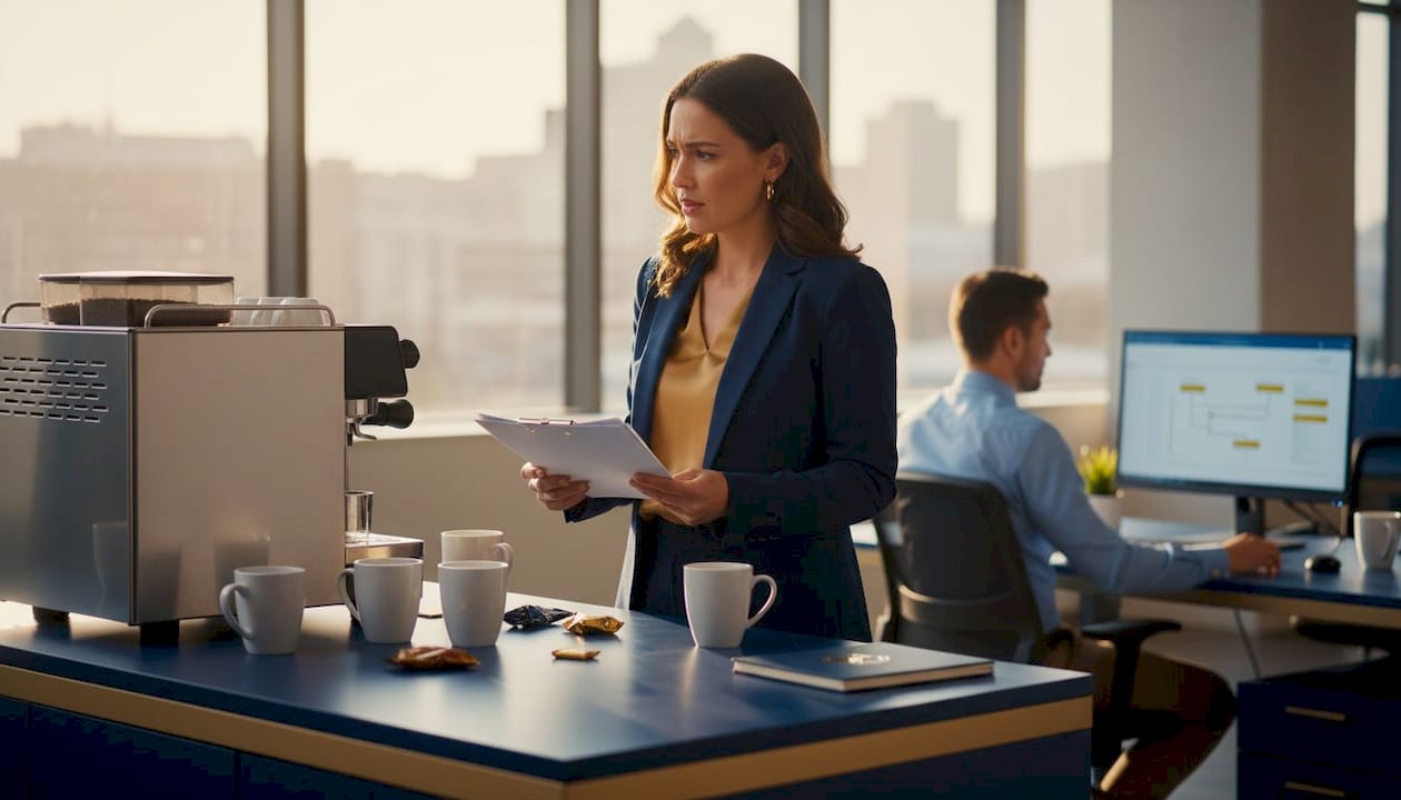 Manager waiting at office printer, workflow bottleneck