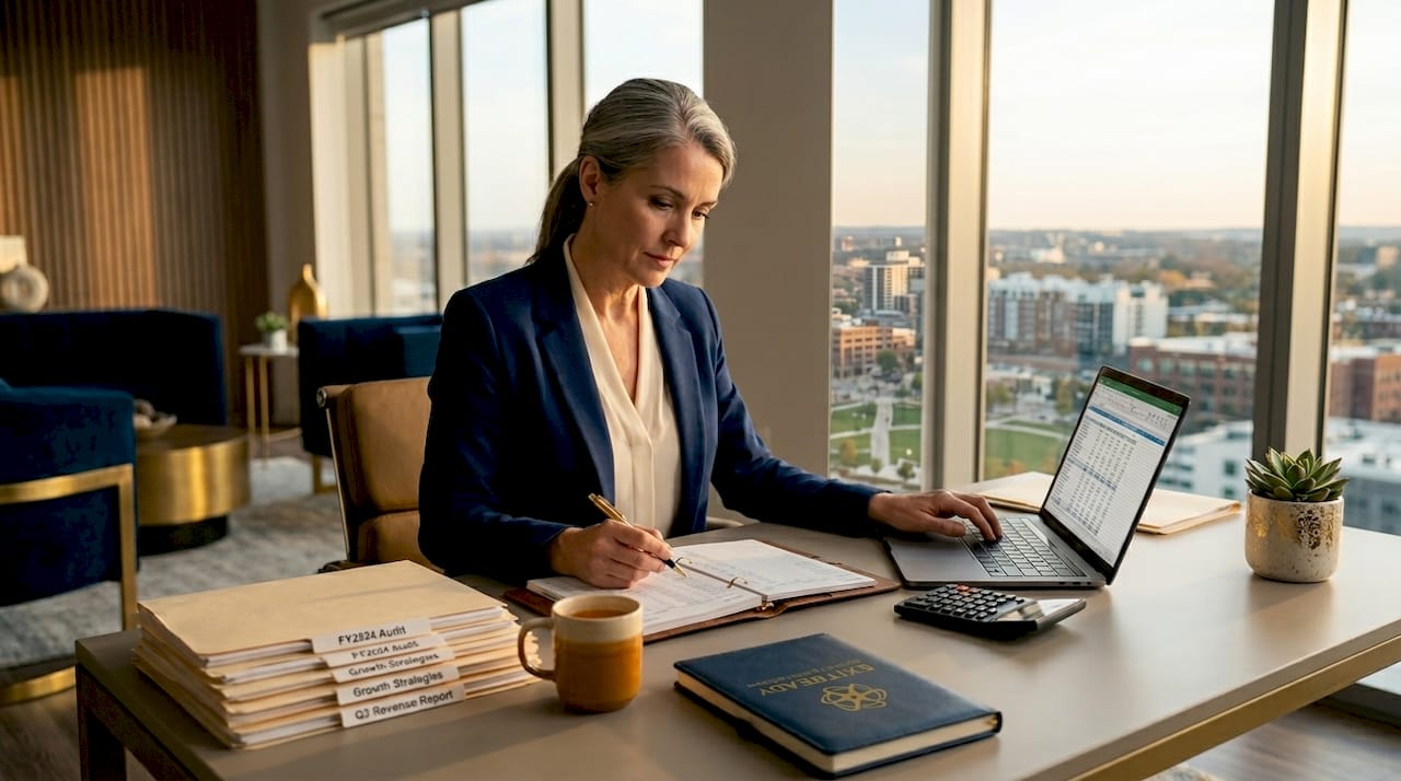 CFO reviewing company financial documents