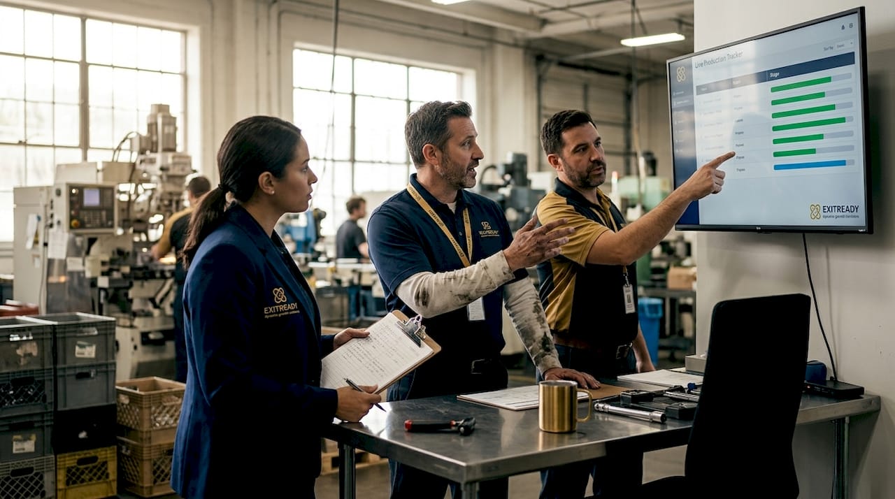 Supervisors review order workflow on factory floor