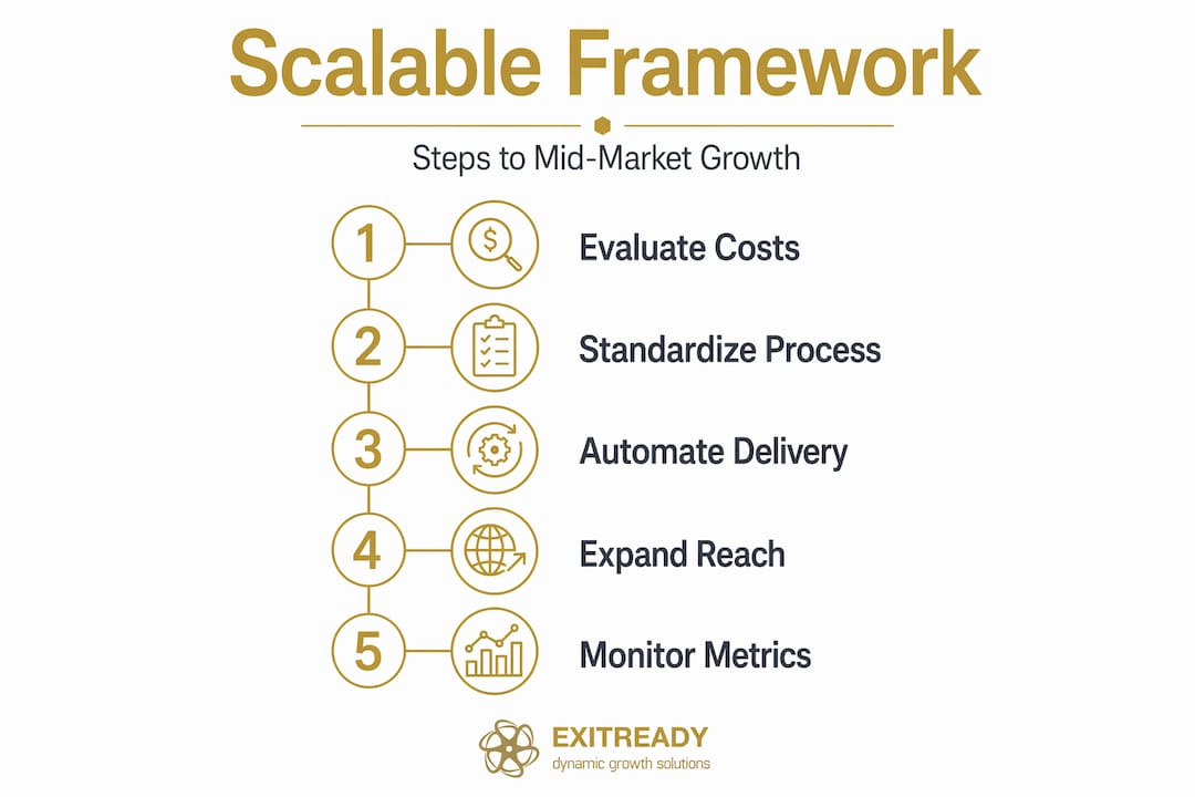 Infographic with five-step scalable business framework