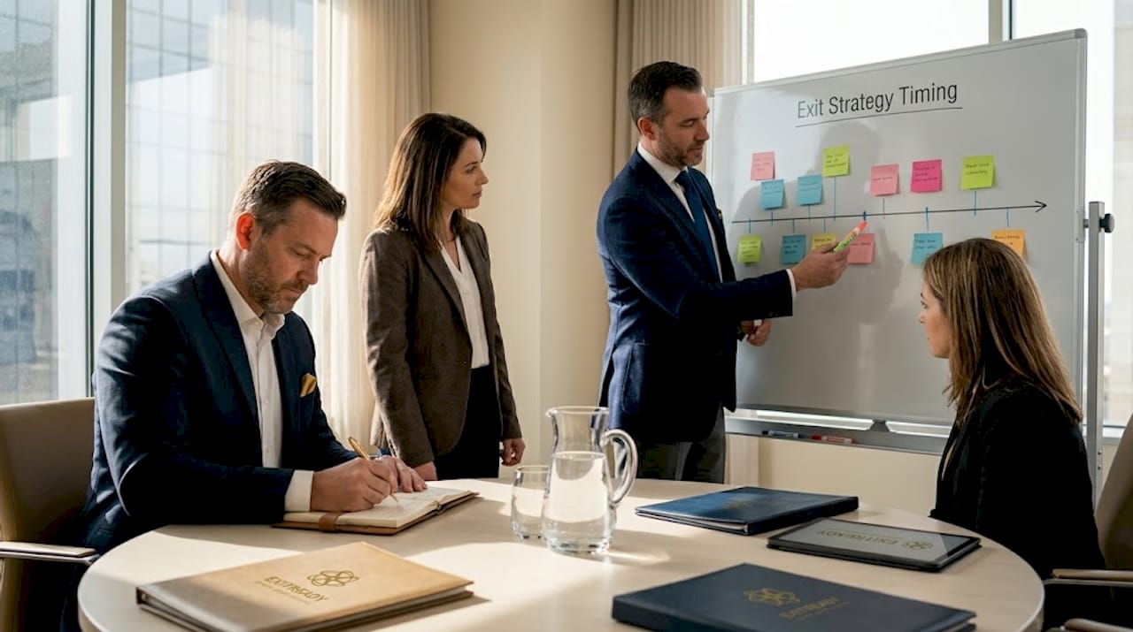 Owners and advisor discussing strategy in office