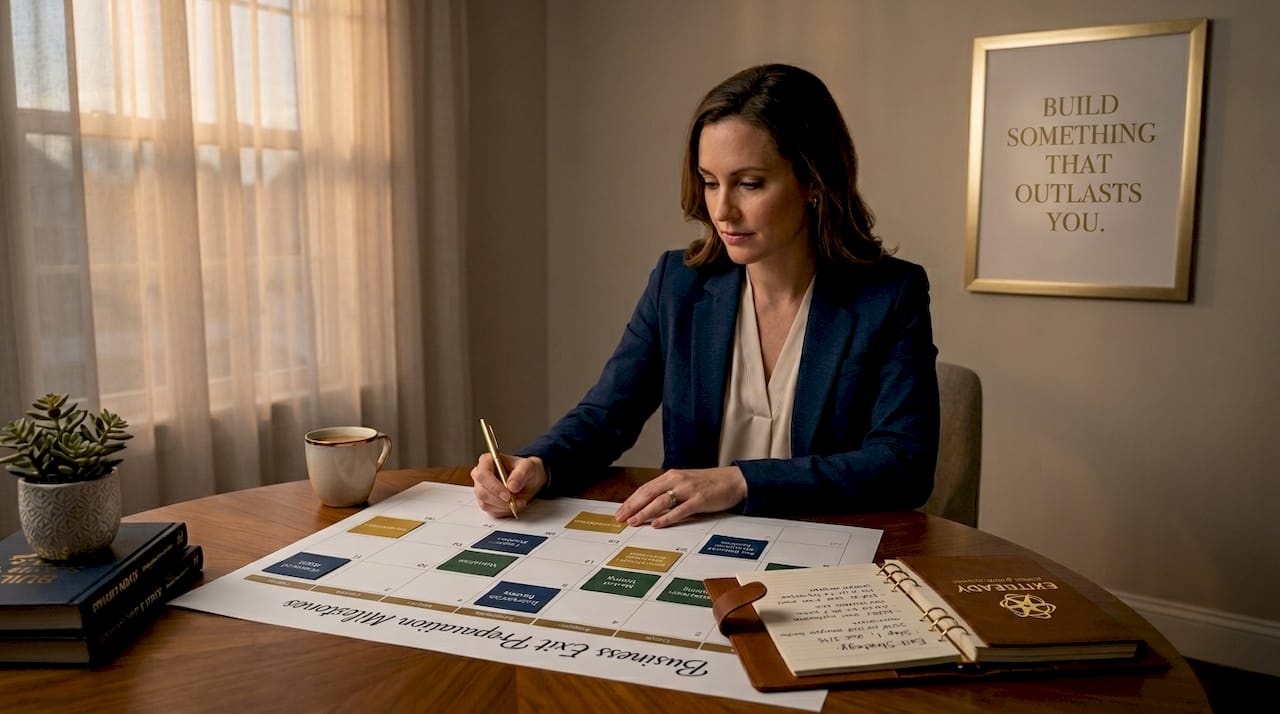 Professional woman reviewing exit preparation milestones