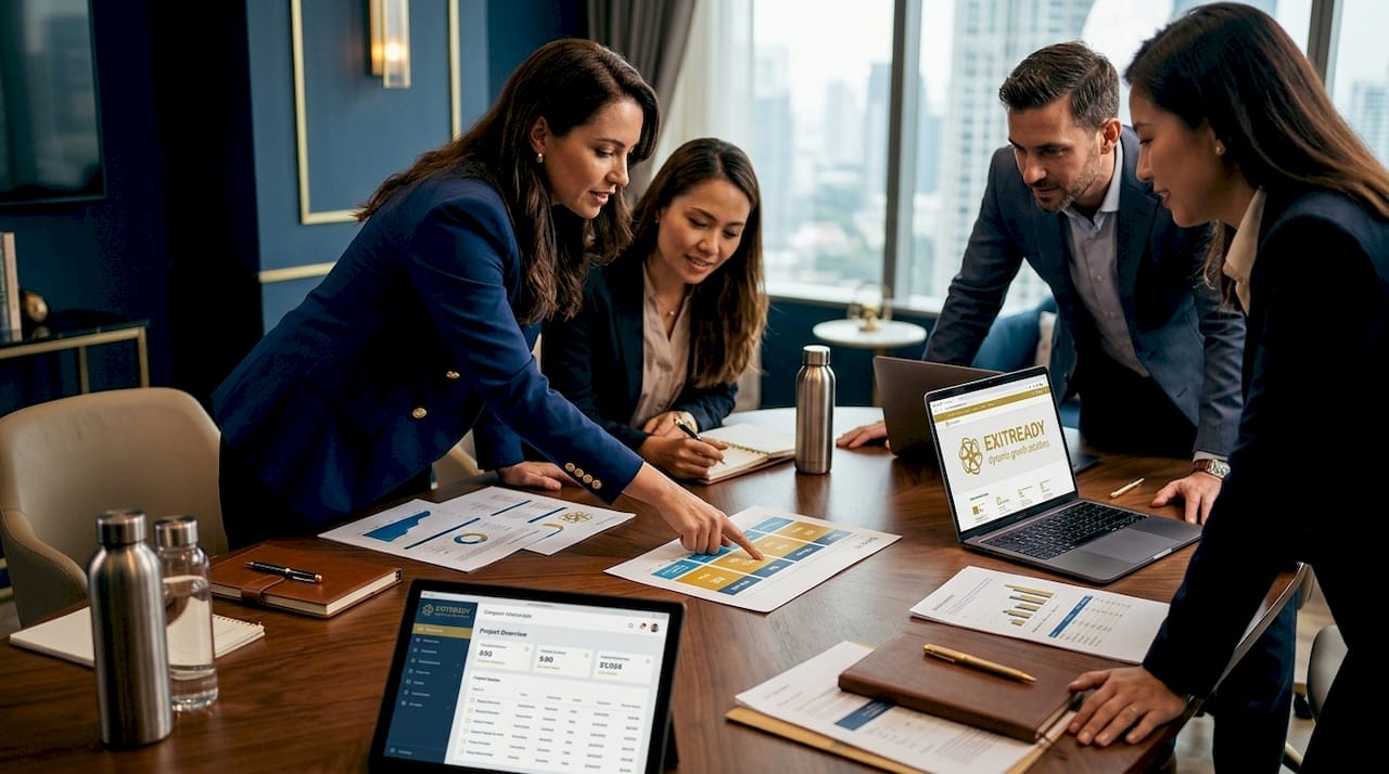 Team discussing strategy and KPIs in conference room