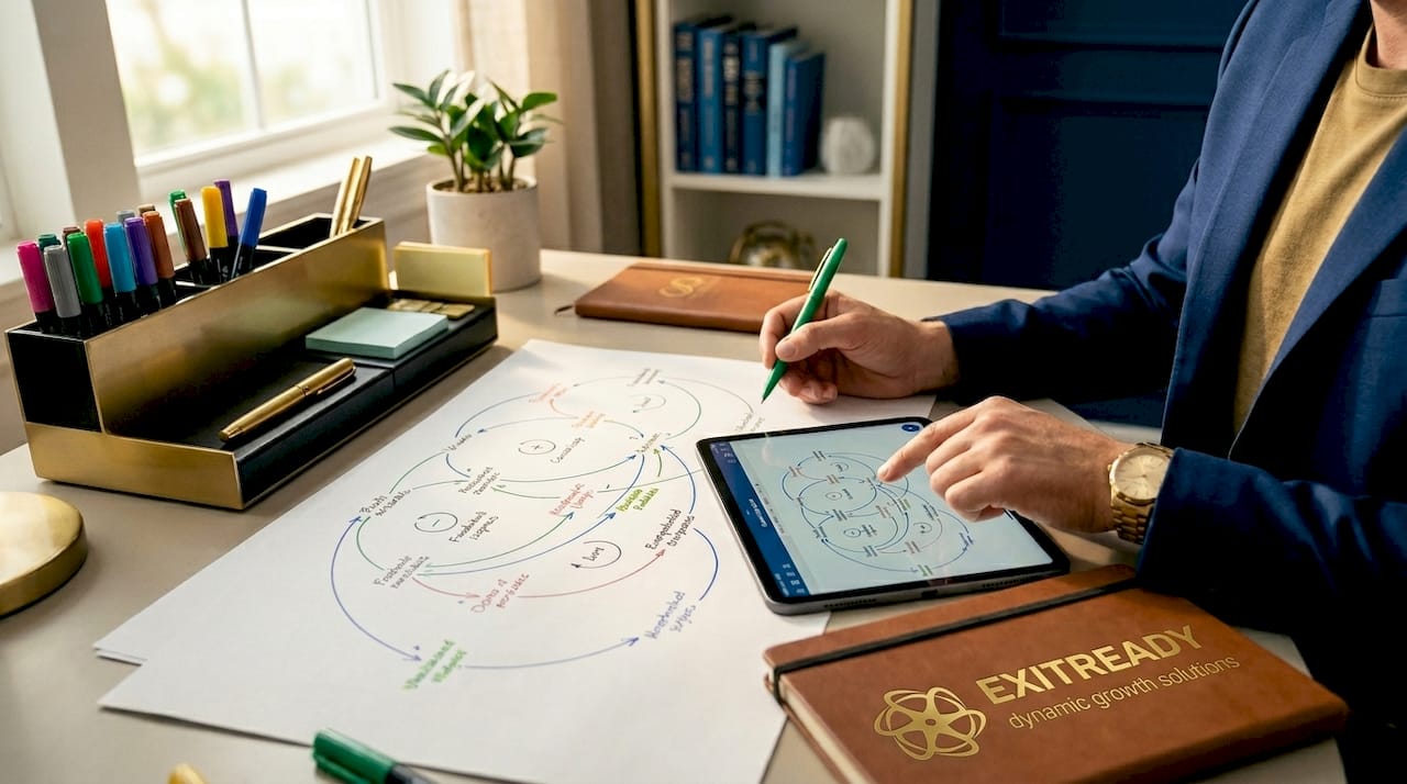 Hands drawing a causal loop diagram at desk