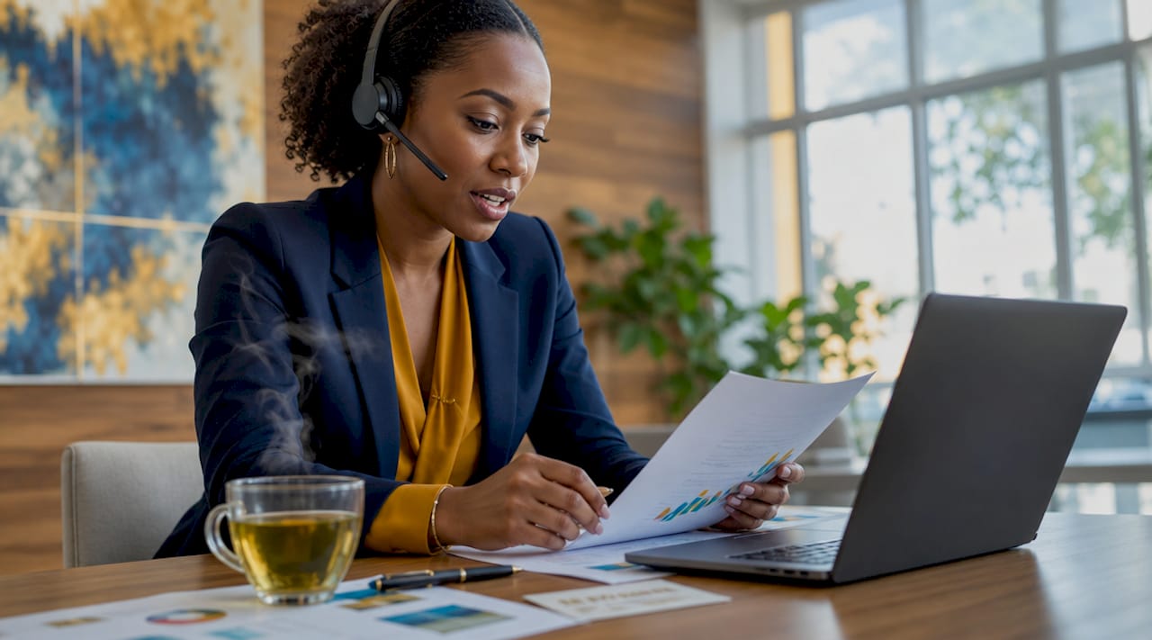 Sell-side advisor coordinating exit transaction in meeting room