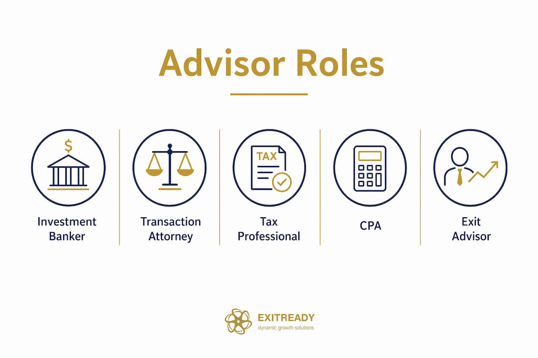 Infographic outlining specialized advisor roles in exit transactions