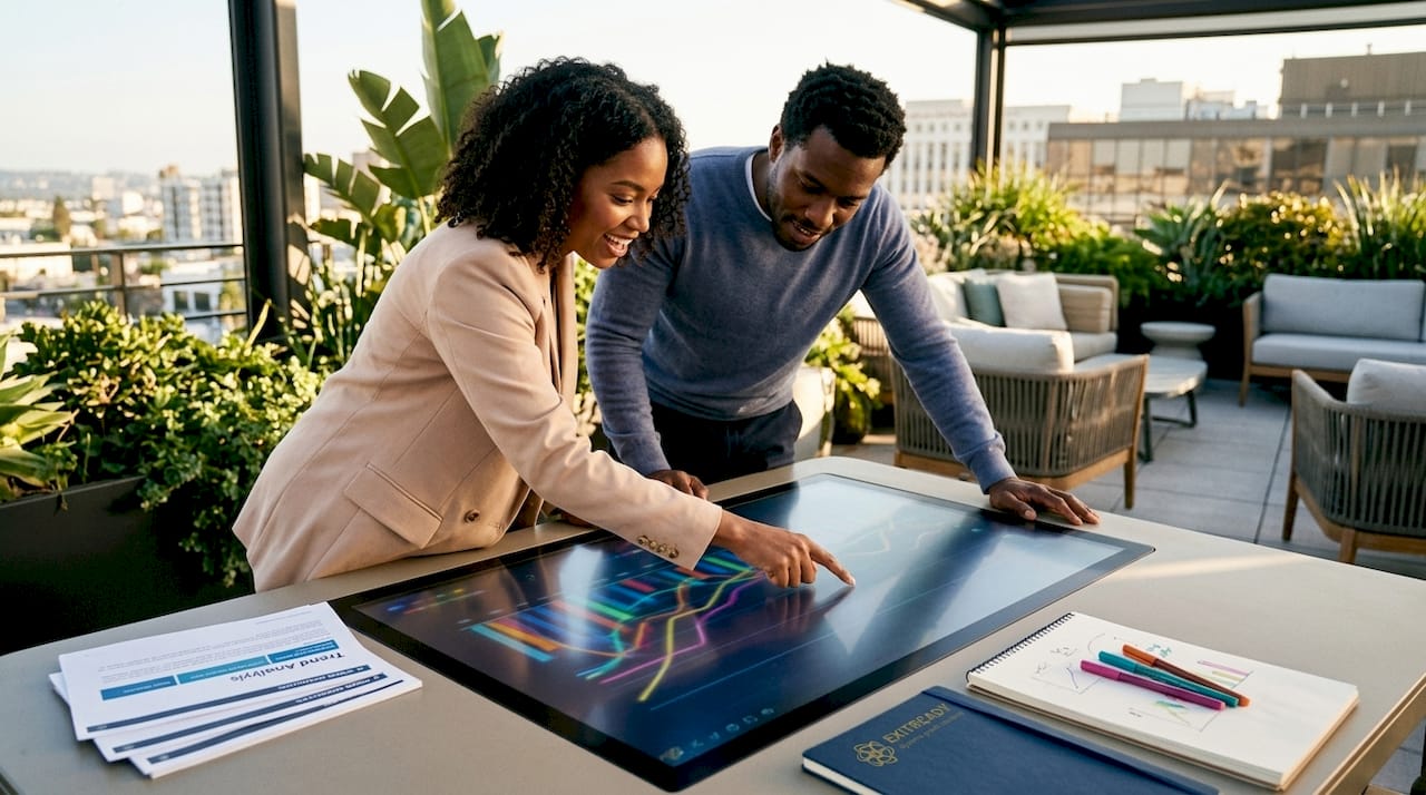 Professionals analyzing trend data on touchscreen table