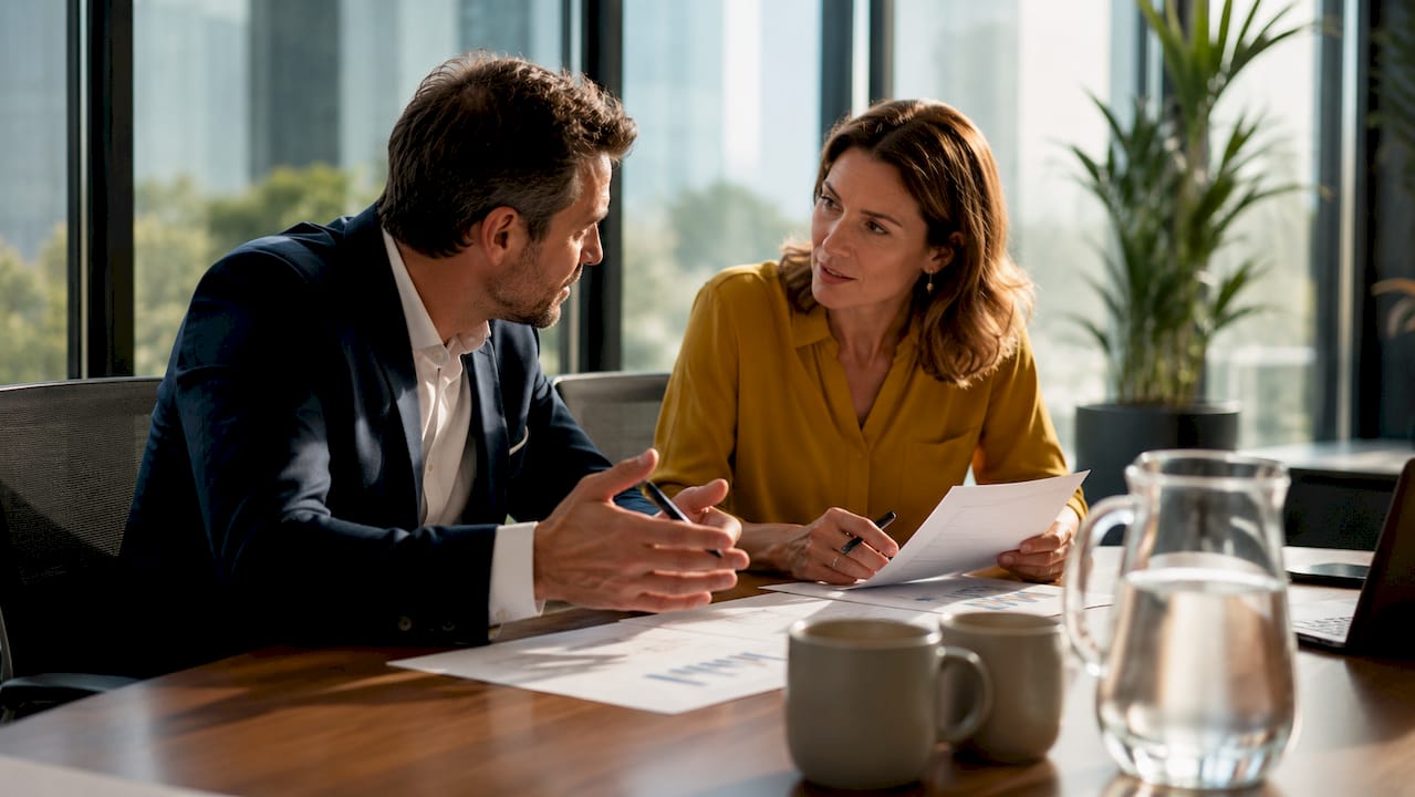 Two professionals discussing financial valuation documents