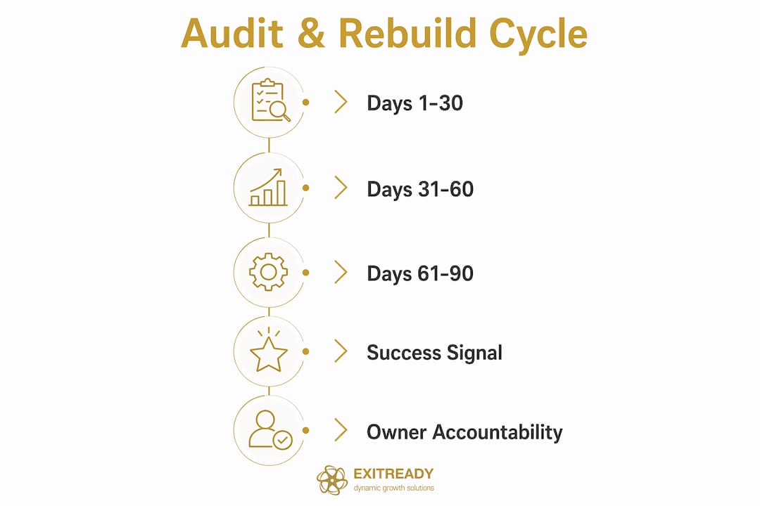Infographic outlining 30-to-90 day audit and rebuild process