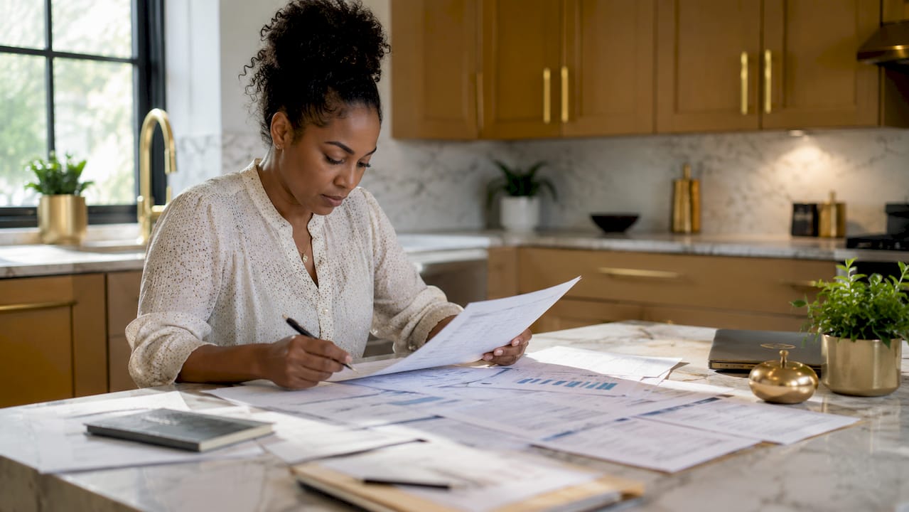 Accountant reviewing financial statements closely