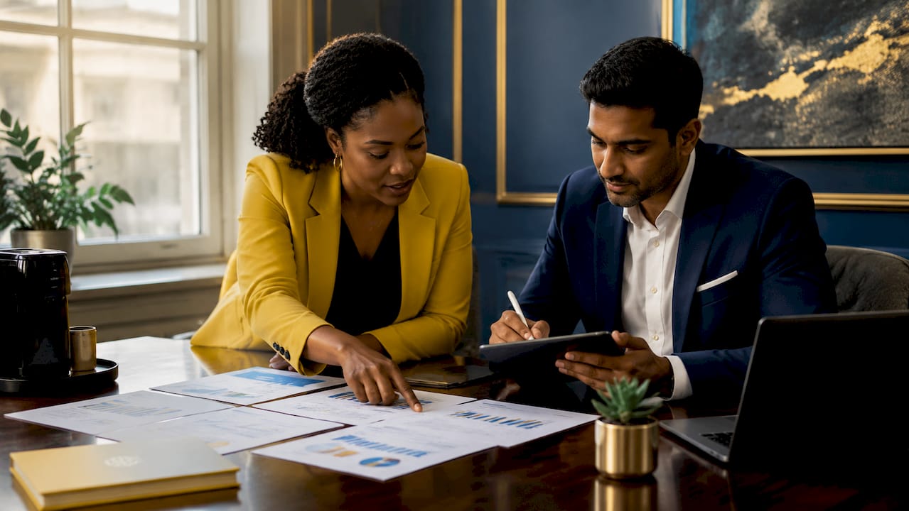 Two colleagues discusses KPI dashboard strategy