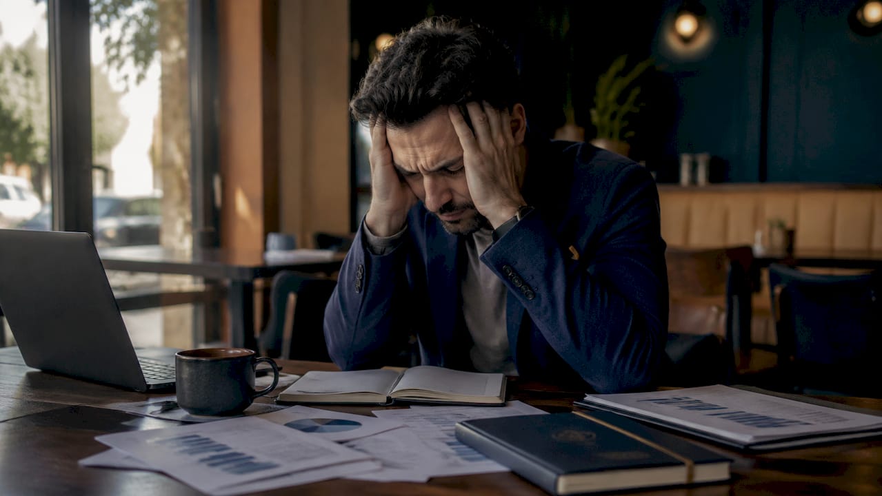 Overhead view of exhausted male entrepreneur at desk