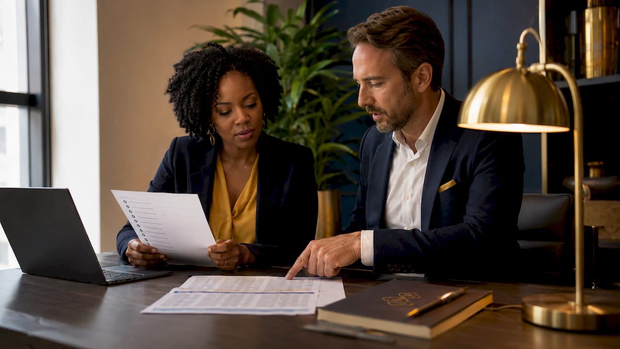 Hands pointing at due diligence documents on desk