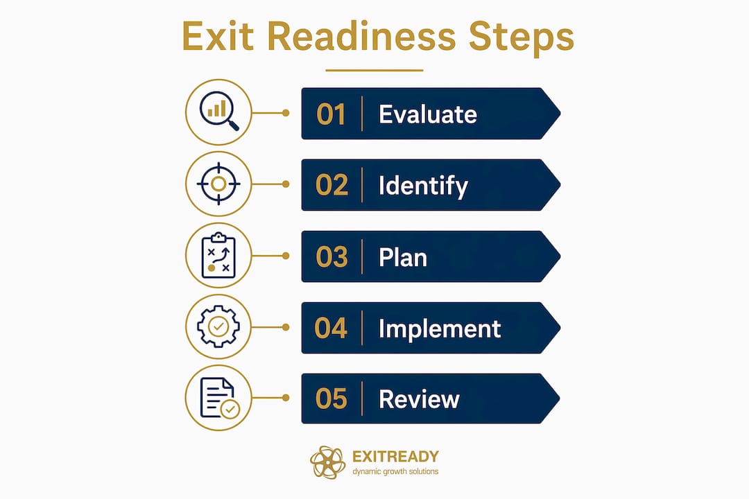 Infographic illustrating business exit readiness steps in vertical flow