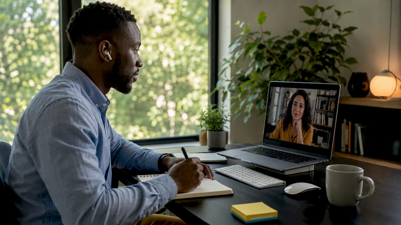 Remote collaboration with virtual assistant on laptop screen