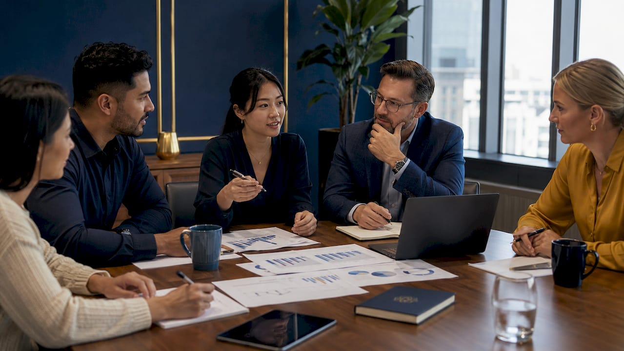 Diverse team discussing growth challenges