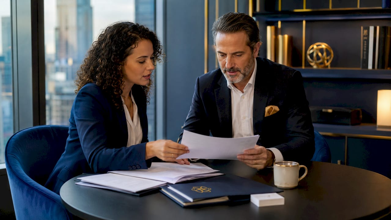 Business professionals finalizing acquisition deal