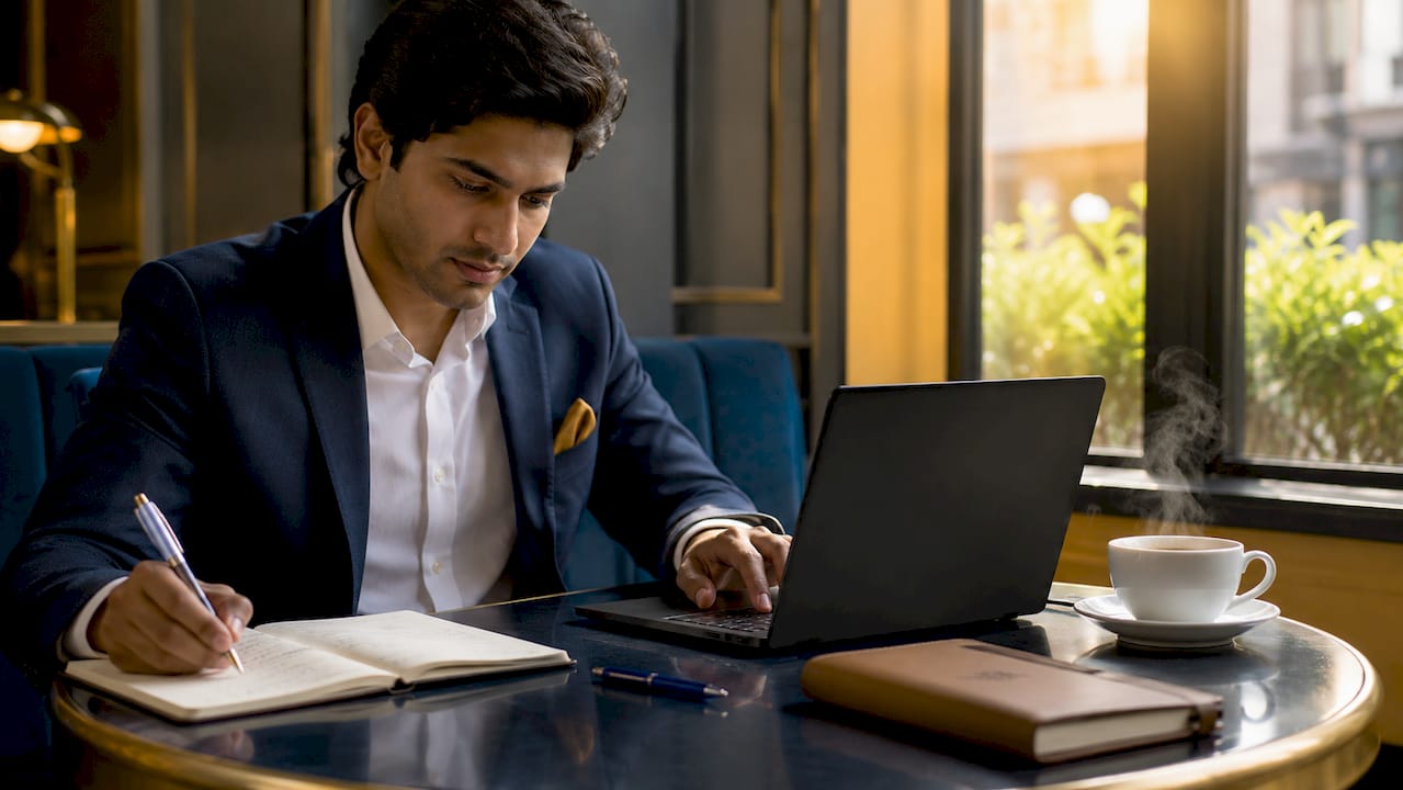 Man logging business requests on laptop and notebook