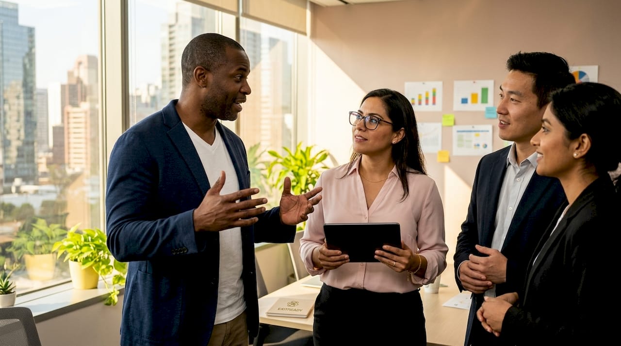 Founder leading diverse team discussion