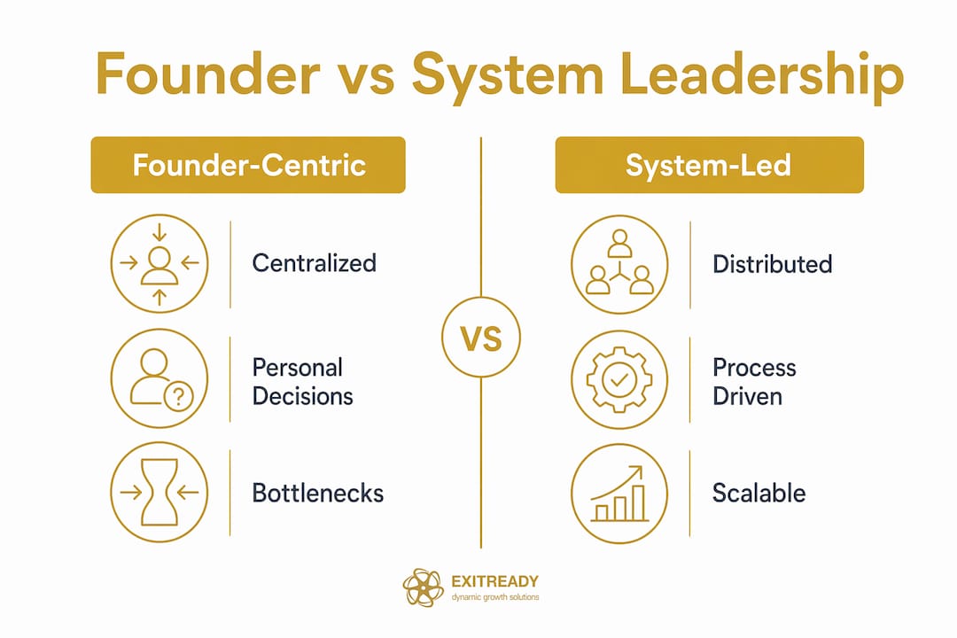 Infographic comparing founder-centric and system-led leadership
