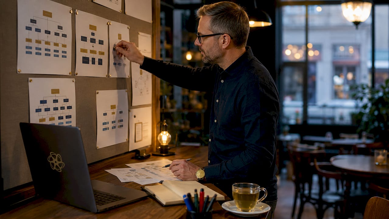 Man reviewing organizational structure charts
