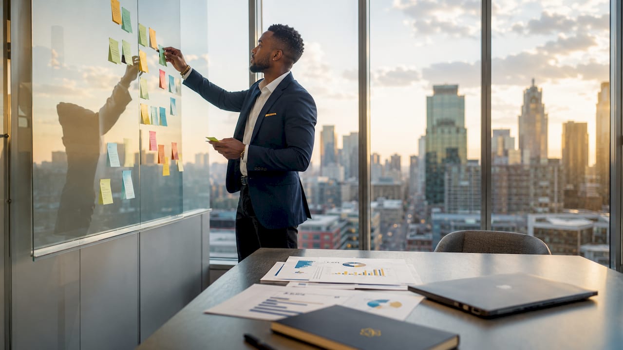 Hands arranging sticky notes for revenue analysis