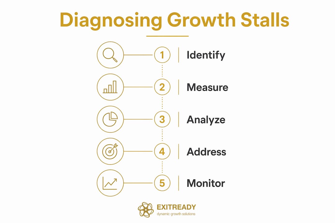 Infographic showing steps to diagnose business growth stalls