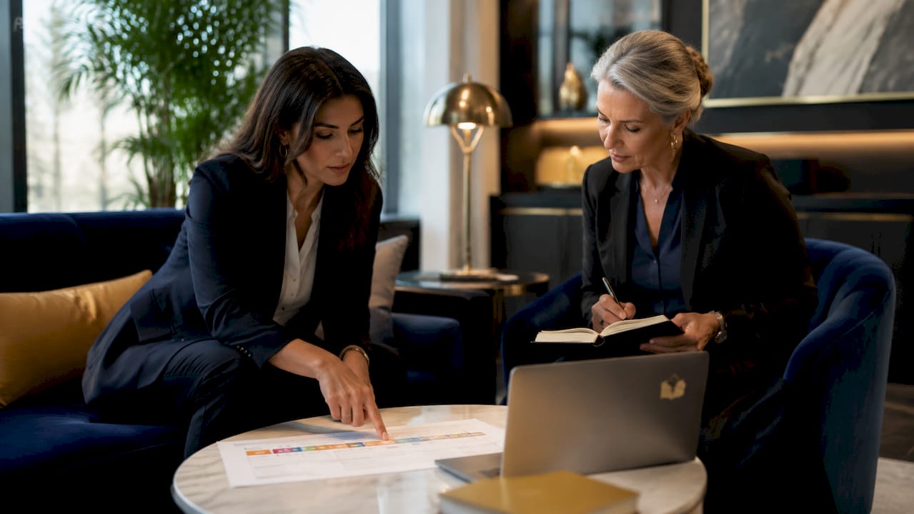 Managers discussing decision timeline at conference table from above