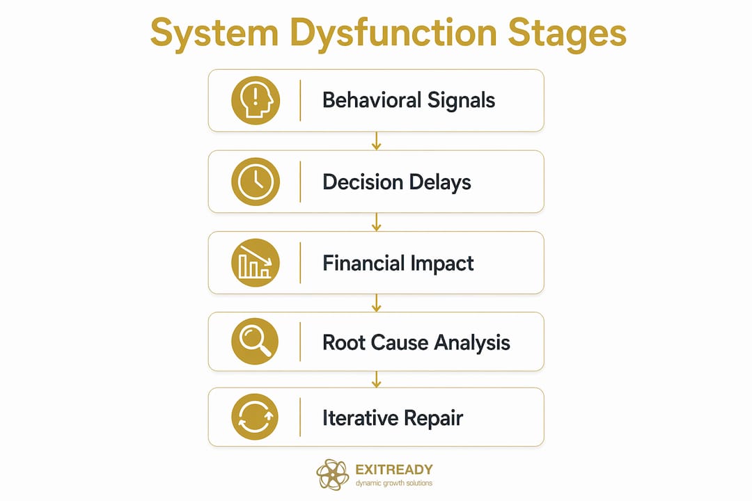 Infographic illustrating stages of business system dysfunction and repair