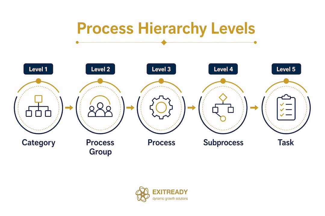 Infographic outlining levels of business process hierarchy