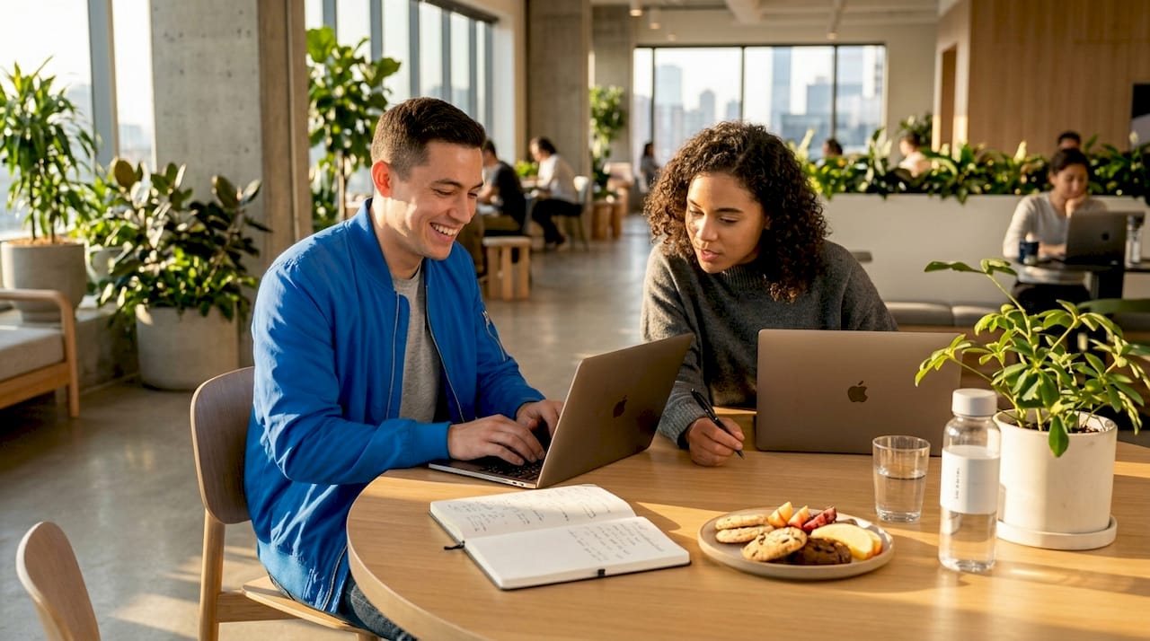 Startups founders working with AI tools in workspace