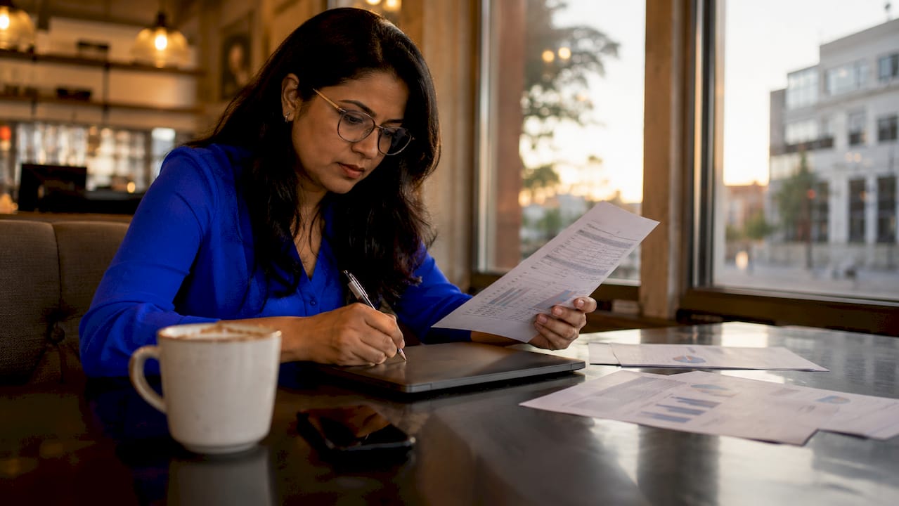 Office worker reviewing data for AI systems