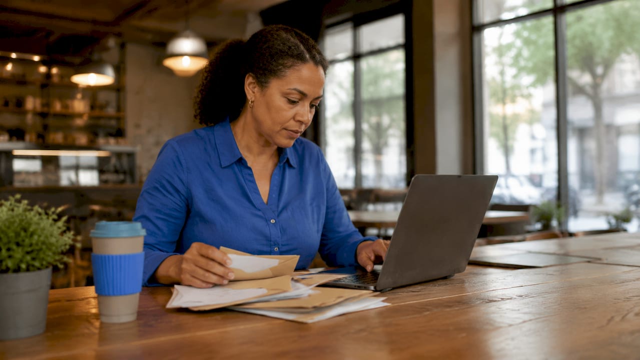 Woman organizing mail at home desk