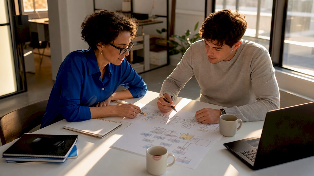 Two SMB staff reviewing workflow checklists