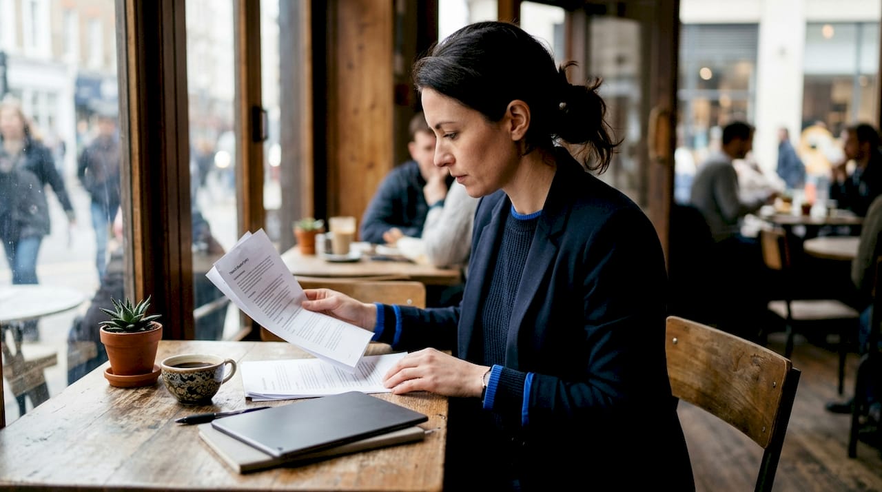 Woman reviewing financial dispute policy documents